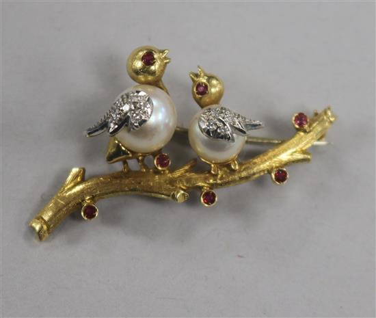 A modern 18ct gold, cultured pearl, diamond and gem set brooch, modelled as two birds upon a branch, 41mm.